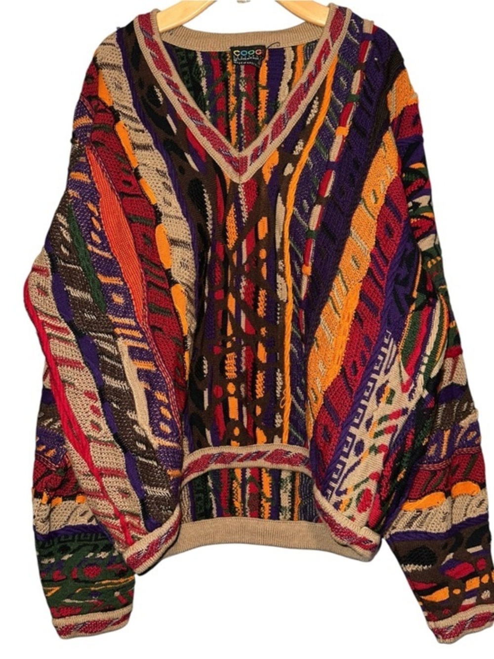 COOGI Men’s Size M Multicolor Purple Orange Brown V-Neck Sweater